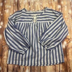 Madewell Blue White Boho Pom Pom Tassel Tie Peasant Top in Shea Stripe Medium